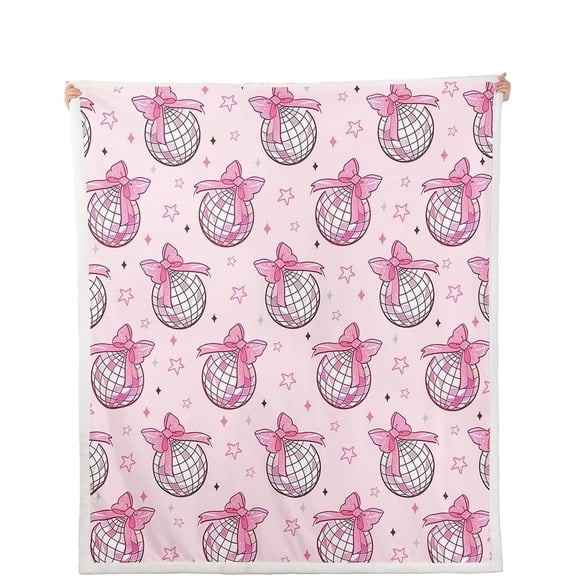 Disco Mirror Ball Throw Blanket – Pink Bow Funky Blanket – Retro Trendy Home Decor Blanket for Couch or Bed