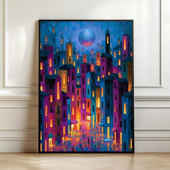 Disco Moon City Wall Art Retro Futuristic Urban Decor Living Room Bedroom Office