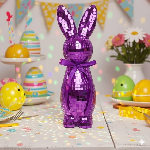 Disco Mosaic Bunny Easter Decorations, 9.45" Large Glittering Mirror Glass Rabbit Statue for Spring Tabletop Centerpiece, Reflective Party Ornament for Shelf & Home Decor, Festive Seasonal Gift