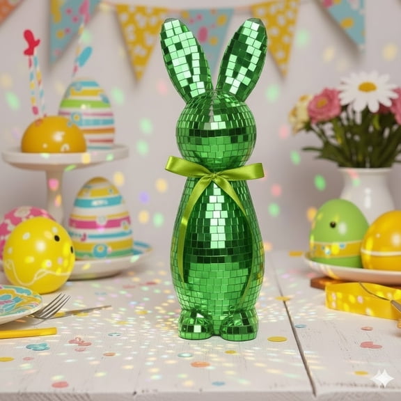 Disco Mosaic Bunny Easter Decorations, 9.45" Large Glittering Mirror Glass Rabbit Statue for Spring Tabletop Centerpiece, Reflective Party Ornament for Shelf & Home Decor, Festive Seasonal Gift