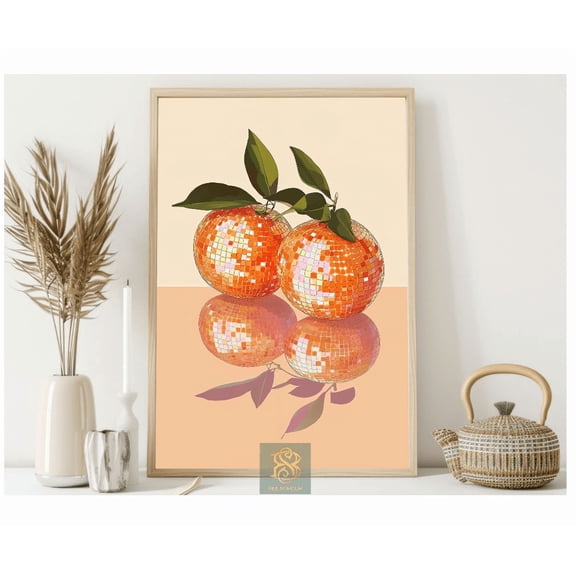 Disco Orange Fruit Poster Citrus Reflection Poster Retro Kitchen Wall Art Decor
