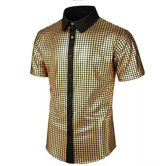 Disco Outfit Fashion Mens 70s 80s Shiny Sequin Shirts Metallic Party Short Sleeve Button Down Shirts Funny Nightclub Tee Shirt