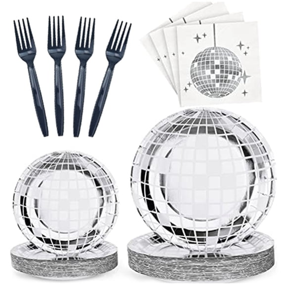 Disco Party Supplies Tableware Set Disco Ball Dinner Plate Napkin Fork Disco Birthday Rock Dance Music Party, 200 PCS