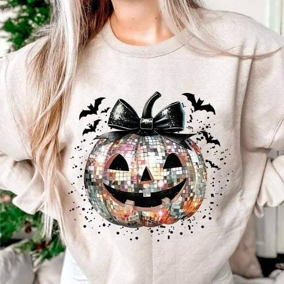 Disco Pumpkin Fall Sweatshirt with Trendy Bat and Coquette Aesthetic, Cute Autumn Shirt for Spooky Season, Fun Retro Halloween Outfit BO120676