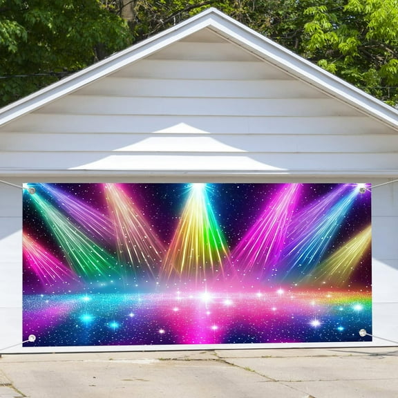 Disco Rainbow Stage 70s 80s 90s Garage Door Decorations Background Vintage Lights Colorful Photography Backdrop Rock Music Club Neon Glow Party Decor Banner Cover 8X6FT