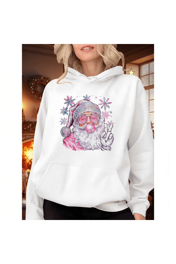Disco Santa Hoodie | Bubble Gum Peace Sign Graphic Sweatshirt | Cute Holographic Snowflake Christmas Top