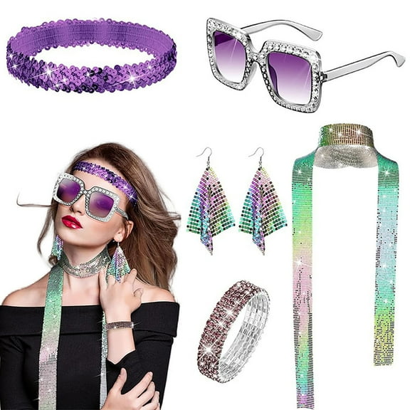 Disco Sequin Headband Sunglasses Necklace Earrings Rhinestone Scarf And Bracelet Set