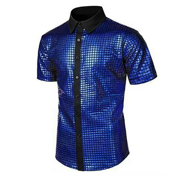 Disco Soft Print Graphic Mens 70s 80s Shiny Sequin Shirts Metallic Party Short Sleeve Button Down Shirts Funny Nightclub Tee Shirt