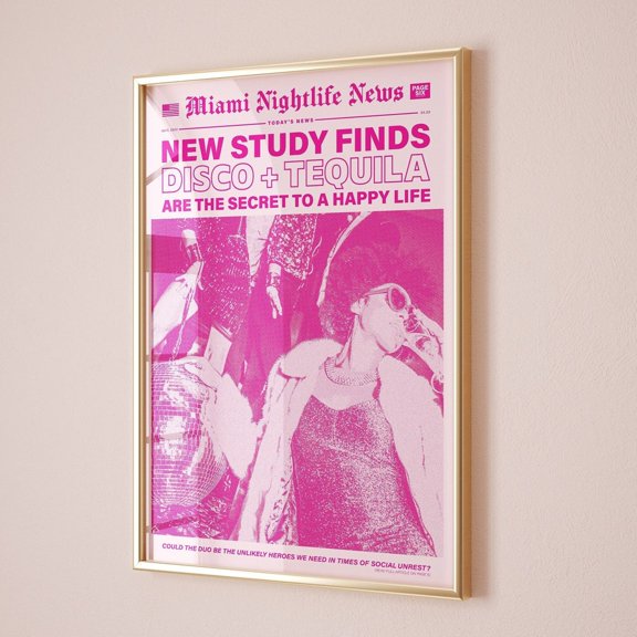 Disco Tequila Newspaper Print: Pink Retro Bar Cart Decor UNFRAMED PAPER POSTER, Home Decor, Vintage Gift, Living Room Dercor