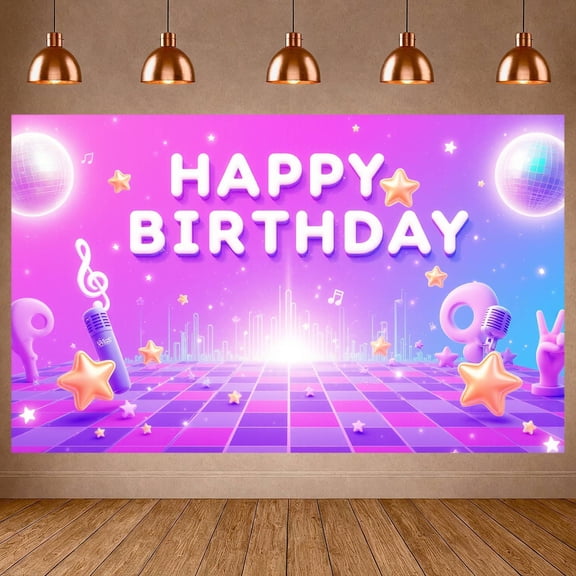 Disco Theme Banner Glittery Design Birthday Party Display Pink Purple Color Star Pattern Celebration Backdrop for Birthday Celebration Disco Party Photo Shoot