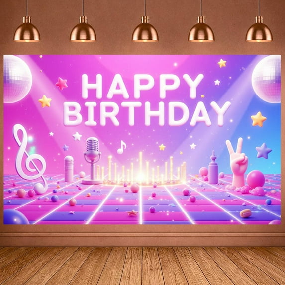 Disco Theme Banner Glittery Design Birthday Party Display Pink Purple Color Star Pattern Celebration Backdrop for Birthday Celebration Disco Party Photo Shoot