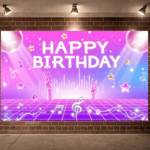 Disco Theme Banner Glittery Design Birthday Party Display Pink Purple Color Star Pattern Celebration Backdrop for Birthday Celebration Disco Party Photo Shoot