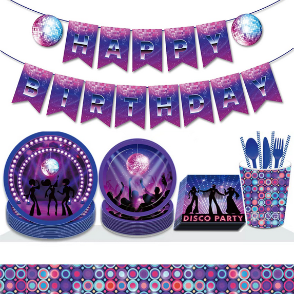 Disco Theme Birthday Party Supplies,70s 80s Disco Theme Birthday Party Disposable Tableware Set Including Paper Plates Napkins Tablecovers Cups Straws Serves 16 Guests
