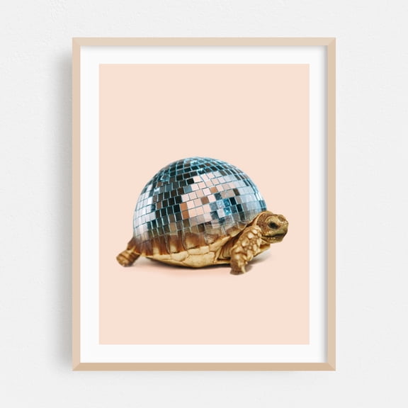 Disco Turtle - Mixed Media Disco Ball Surrealism Humor Animal Modern Art Whimsical Pop Art Oak Framed Wall Art Print 9 x 12 inches
