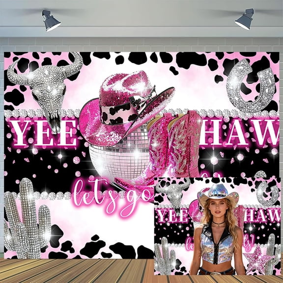 Disco Western Backdrop Let's Go Girls Pink Cowgirl Party Diamond Rustic Cactus Hat Boots Photography Background Wild West Birthday Party Decorations Banner Photo Booth Props