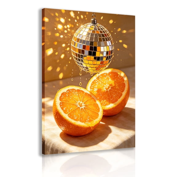 Disco balls with juicy orange canvas prints, shiny citrus wall hangings, trendy orange posters, disco ball paintings for summer parties, kitchen home decor frames.