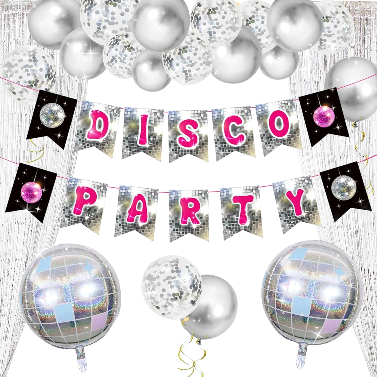 Disco-themed party decoration set - Silver shiny vintage backdrop curtain + Disco ball aluminized balloon combo