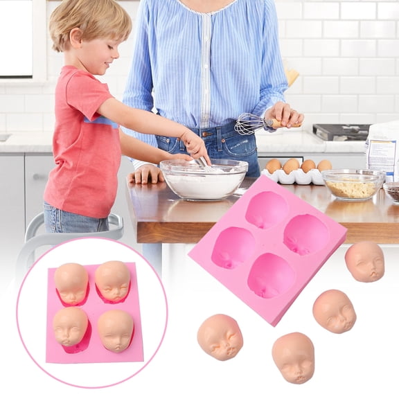 Disco*unt！Doll Face Silicone Mold Set with 4 Connected Cavities, Flexible Fondant Cake Chocolate Maker, Easy Release Baking Tool for Home Kitchen and Craft Projects