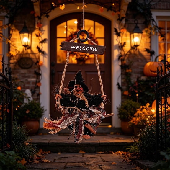 Disco*untHalloween Witch Door Hanging Imitation Linen Ornament, Rustic Wood Broom Decor with Rope, Spooky Porch Entrance Pendant for Party Scene Layout Props