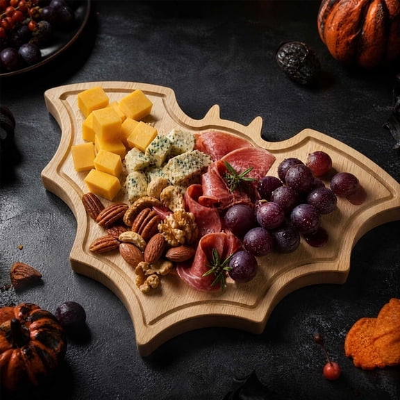Disco*unt！Halloween Wooden Bat Shaped Serving Tray, Spooky Gothic Snack Platter for Candy Fruit, Durable Party Table Centerpiece for Home Kitchen Decor