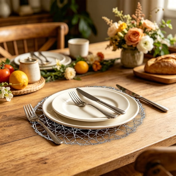 Disco*unt!Handwoven Round Paper Rope Placemat with Heatproof Finish, Waterproof Oil Resistant Table Mat for Dining, Decorative Hollow Design for Kitchen Home Use