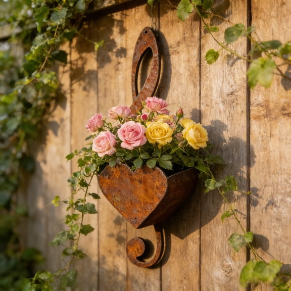 Disco*unt!Metal Hanging Flower Pot Wall Planter with Heart Shaped Container, Wrought Iron Hooked Basket for Outdoor Garden Yard Porch, Rustic Heart Design for Fence Decor