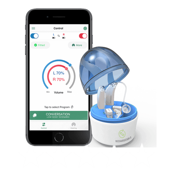 DiscoMax Bluetooth Rechargeable Hearing Amplifiers - smart phone App for iphone/iOS/android - low cost hearing ear assist Amplifier - Pair - FREE 2X replaceable battery modules