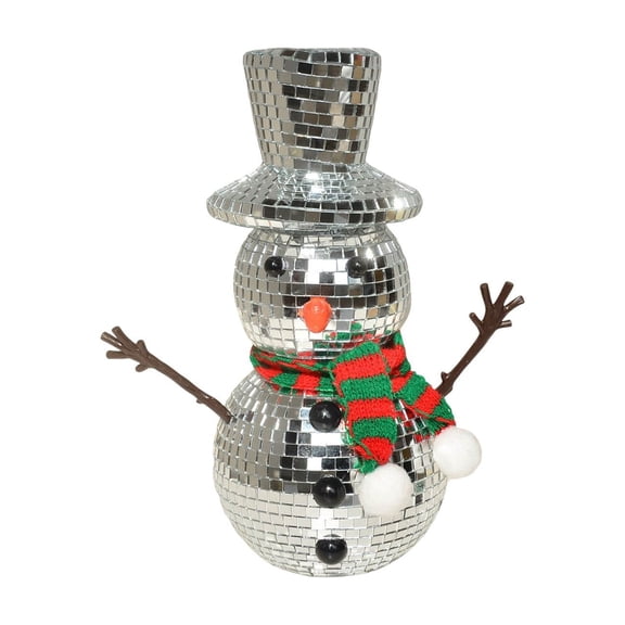 Discoes Snowman Figurine with Knitted Scarf and Hat, Mirror Reflective Balls Home Decorative Ornament, 7.87in, Festive Winter Decor for Tables, Shelves, and Mantels