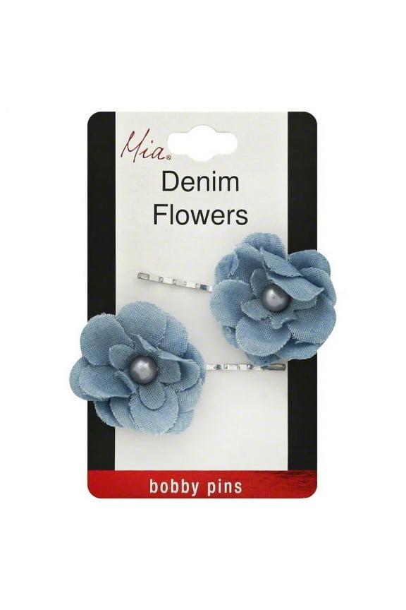 Bobby Pins-Silver Bobby Pins With Denim Flowers With Blue Pearl Centers (2 pieces per card)
