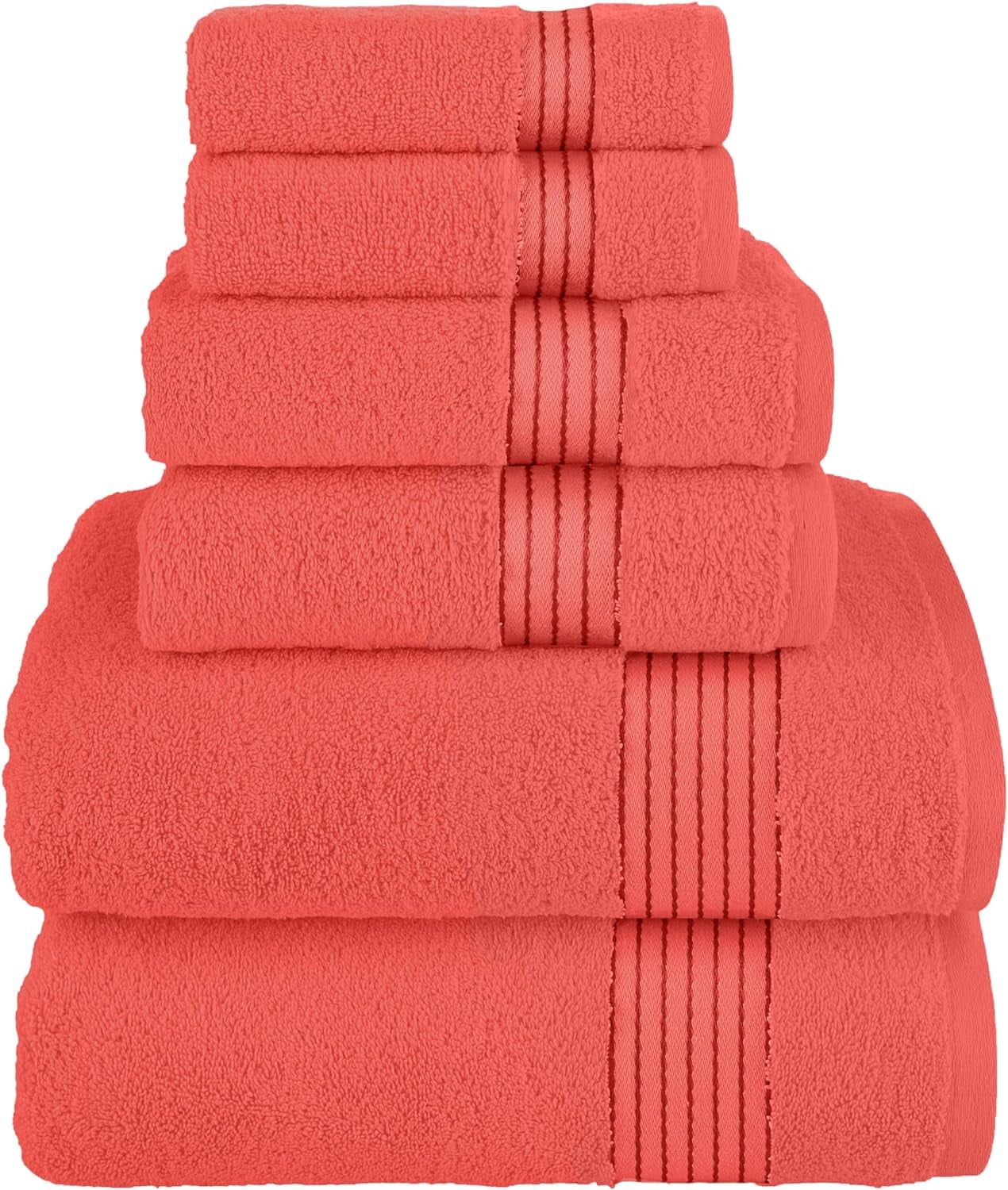Discount Cotton 6-Piece Towel Set, Includes 2 Washcloths, 2 Hand Towels and 2 Bath Towels, 100% Turkish Cotton - Highly Absorbent and Super Soft Towels for Bathroom, Coral