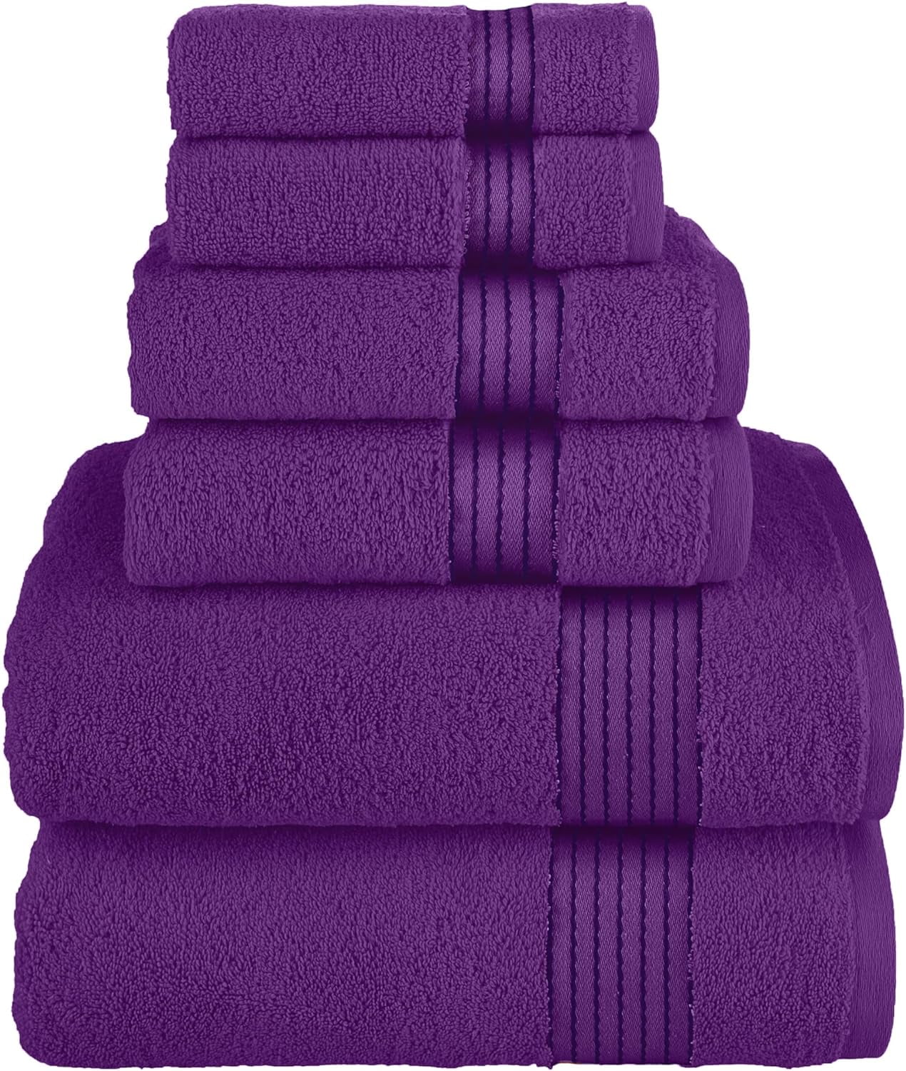 Discount Cotton 6-Piece Towel Set, Includes 2 Washcloths, 2 Hand Towels and 2 Bath Towels, 100% Turkish Cotton - Highly Absorbent and Super Soft Towels for Bathroom, Purple