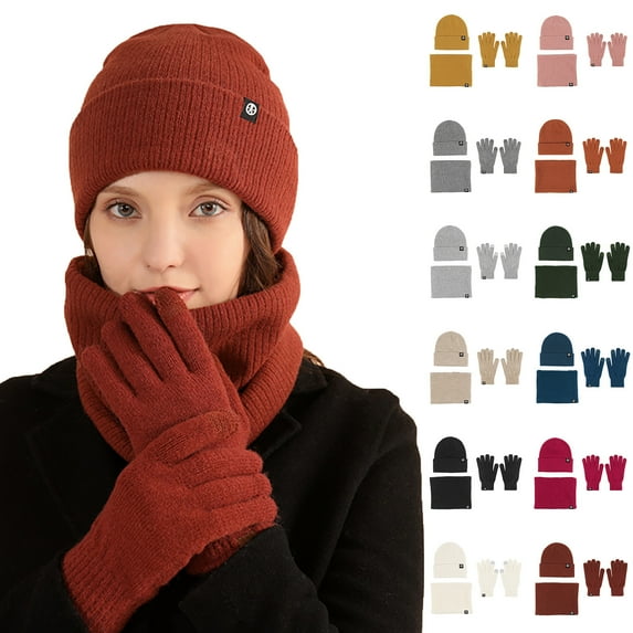 Discount European And American Winter Knitted Warm Gloves Hats Scarves Three Piece Set with Thick Velvet And Hat Deals