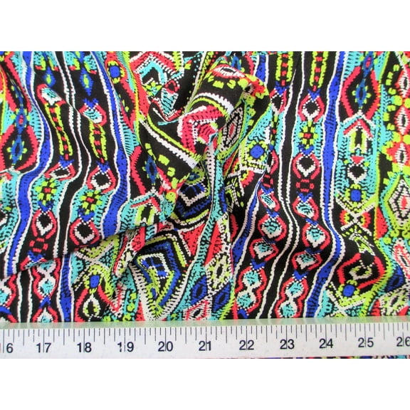 Fabric Challis Rayon Apparel Turquoise Pink Blue and Green Aztec G302 (Yard)