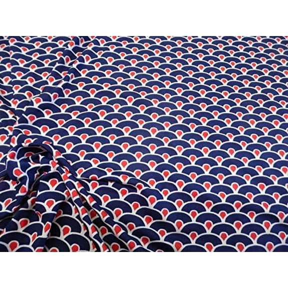 Fabric Printed Spandex 4 Way Stretch Navy Red White Wavy Scales B207