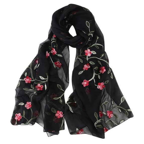 Discount! Fdelink Women Embroidery Chiffon Scarf Hijab Wrap Shawls Headband Hijabs Scarf Wh Women Scarf (Black)