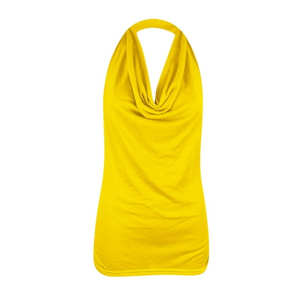 Discount Halter Tank Shirts for Women Classic Solid Basic Tees Gifts Spring Backless Sleeveless Blouse Trendy Drape Neck V Neck Summer Tops Stylish Front Knot Slim Fit Casual Shirts Yellow 4