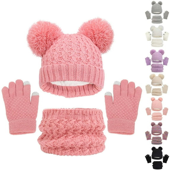 Discount Kids Winter Beanie Hat Warm Knit Thick Ski Cap with PomPom And Scarf Gloves Set for Girls Boys Family Gifts
