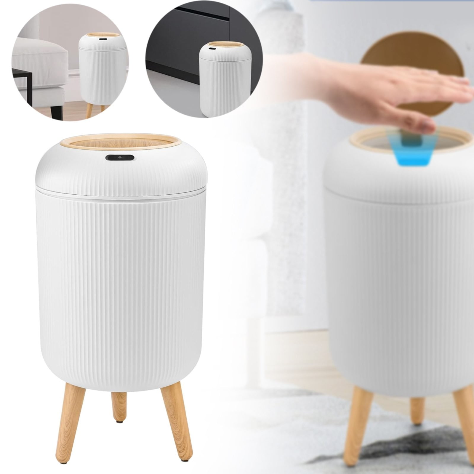 White Plastic Touchless Sensor Wastebasket with Wooden Legs