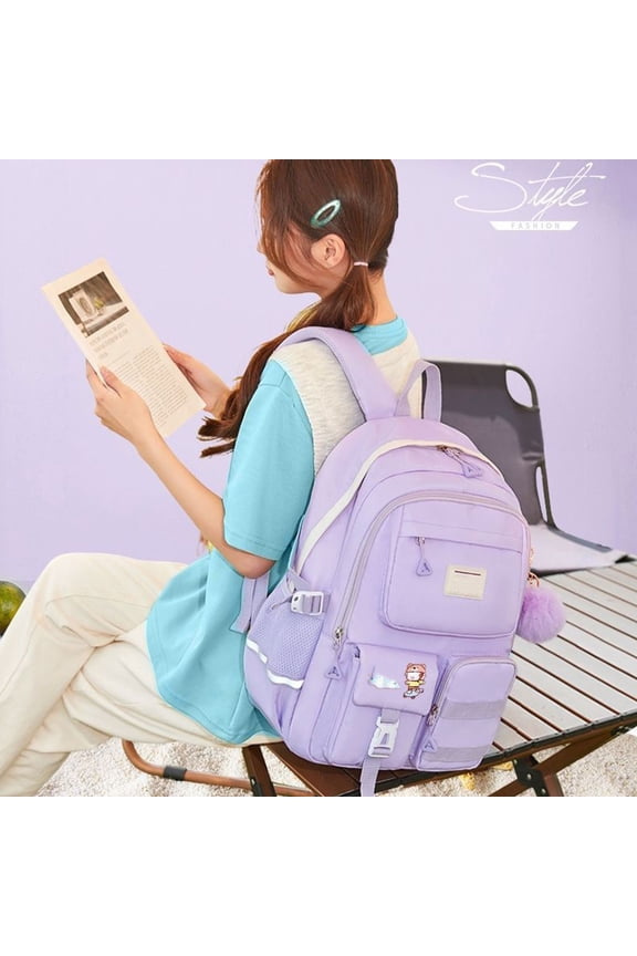 Discounted Stock! Schoolbag, Cartoon Badge, Fur Ball Pendant Junior High School Students Capacity Backpack, Purple, 16.77*11.7*1.95In, Nylon, 1*Schoolbag, 2*Cartoon Badges, 1*Pompom Ornament, Meiiso