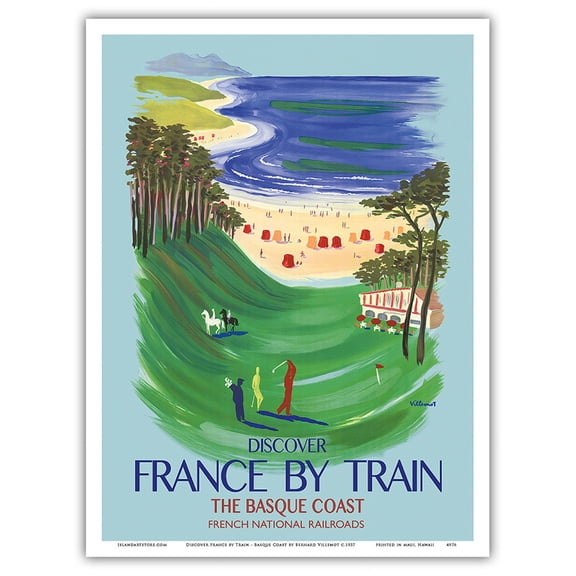 Discover France by Train - The Basque Coast - French National Railways - Vintage Railroad Travel Poster by Bernard Villemot c.1957 - Master Art Print (Unframed) 9in x 12in