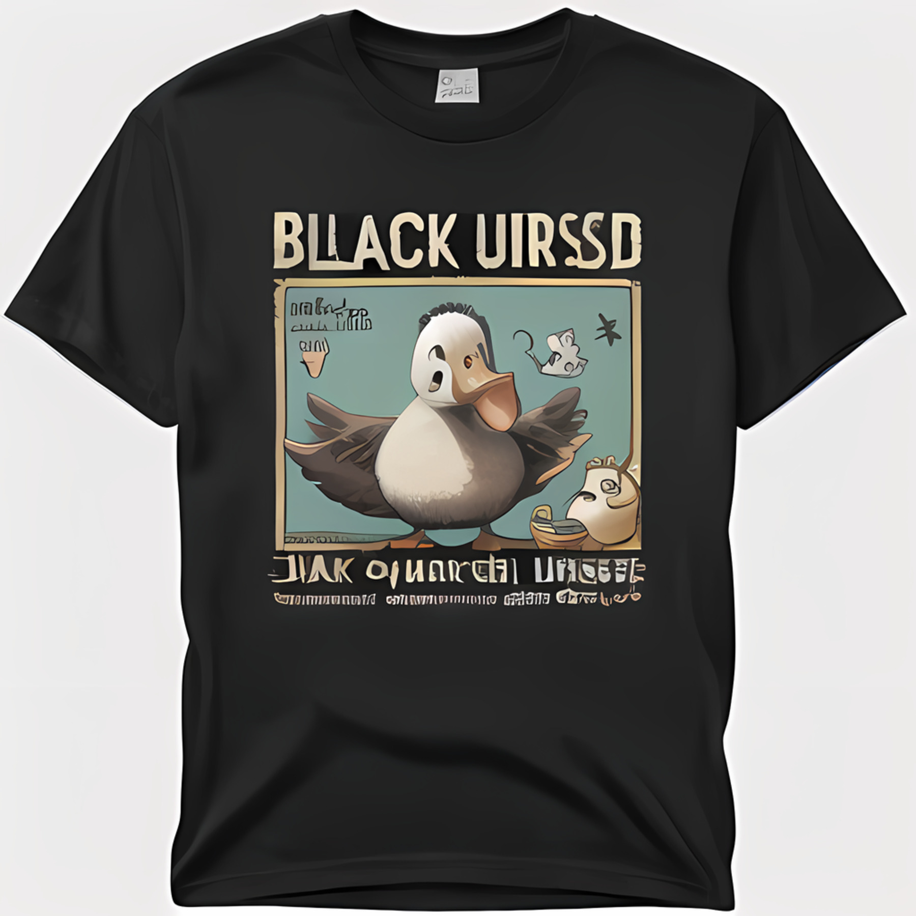 Discover Intriguing Black T-Shirt with Surreal Quirky Chest Graphic 