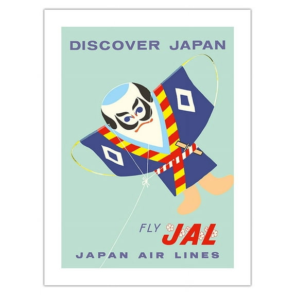 Discover Japan - Japanese Samurai Kite - Fly Japan Air Lines - Vintage Airline Travel Poster c.1950 - Fine Art Matte Paper Print (Unframed) 18x24in