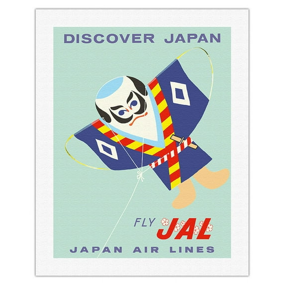 Discover Japan - Japanese Samurai Kite - Fly Japan Air Lines - Vintage Airline Travel Poster c.1950 - Fine Art Rolled Canvas Print 20in x 26in