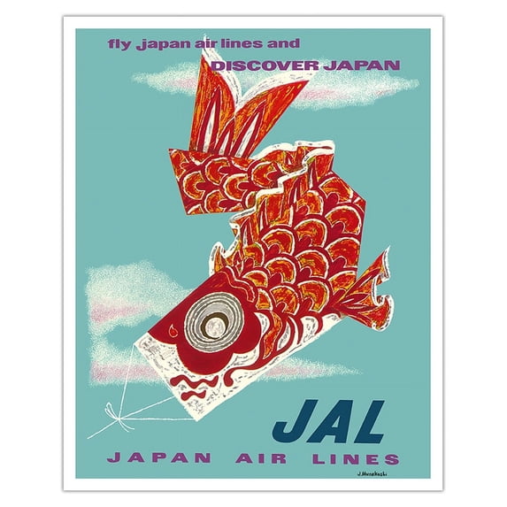 Discover Japan - Koinobori (Carp Streamer) - Fly Japan Air Lines (JAL) - Vintage Airline Travel Poster by J. Murakoshi c.1960s - Fine Art Matte Paper Print (Unframed) 16x20in