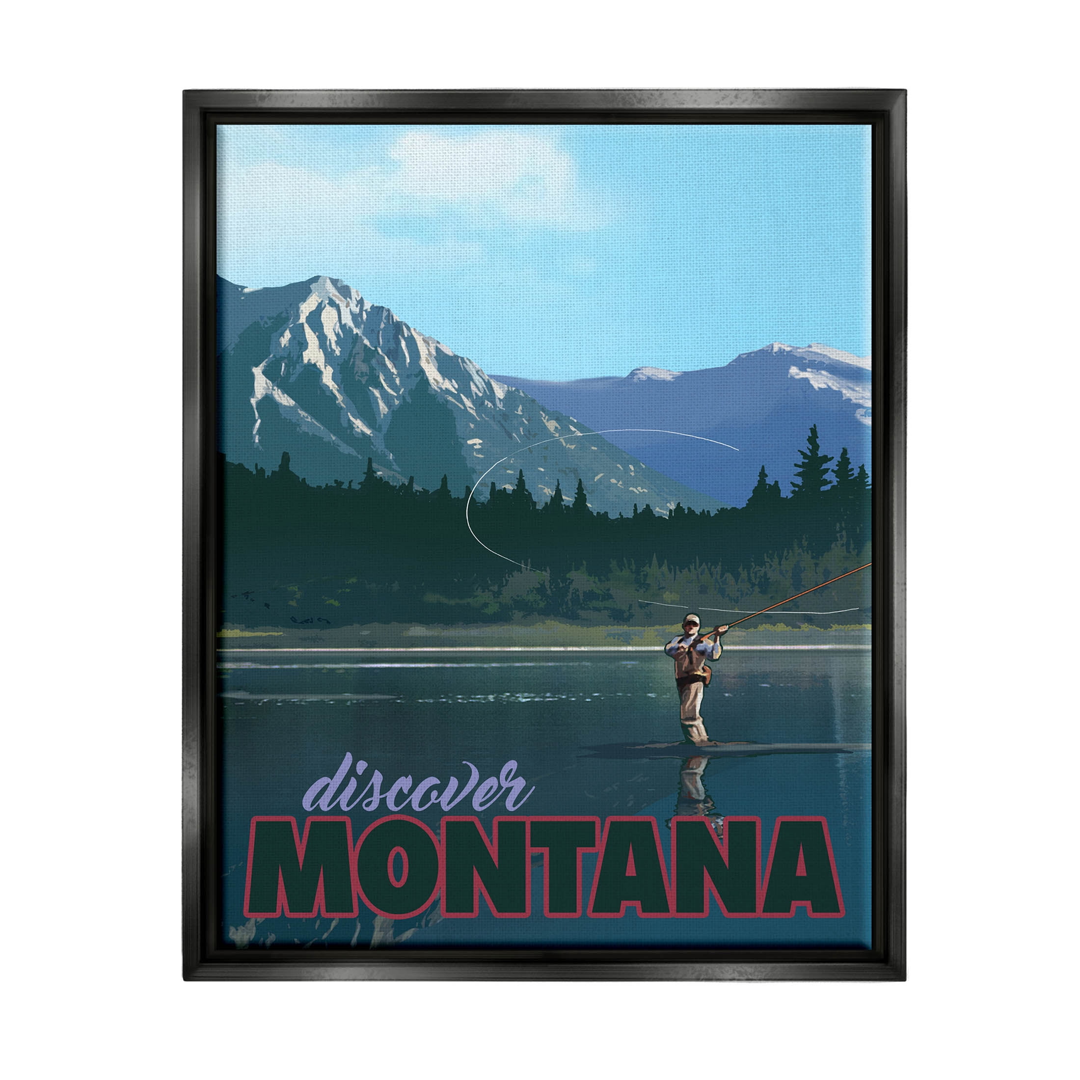 Discover Montana Lake Fishing Scene Landscape Graphic Art Jet Black Framed Art Print Wall Art