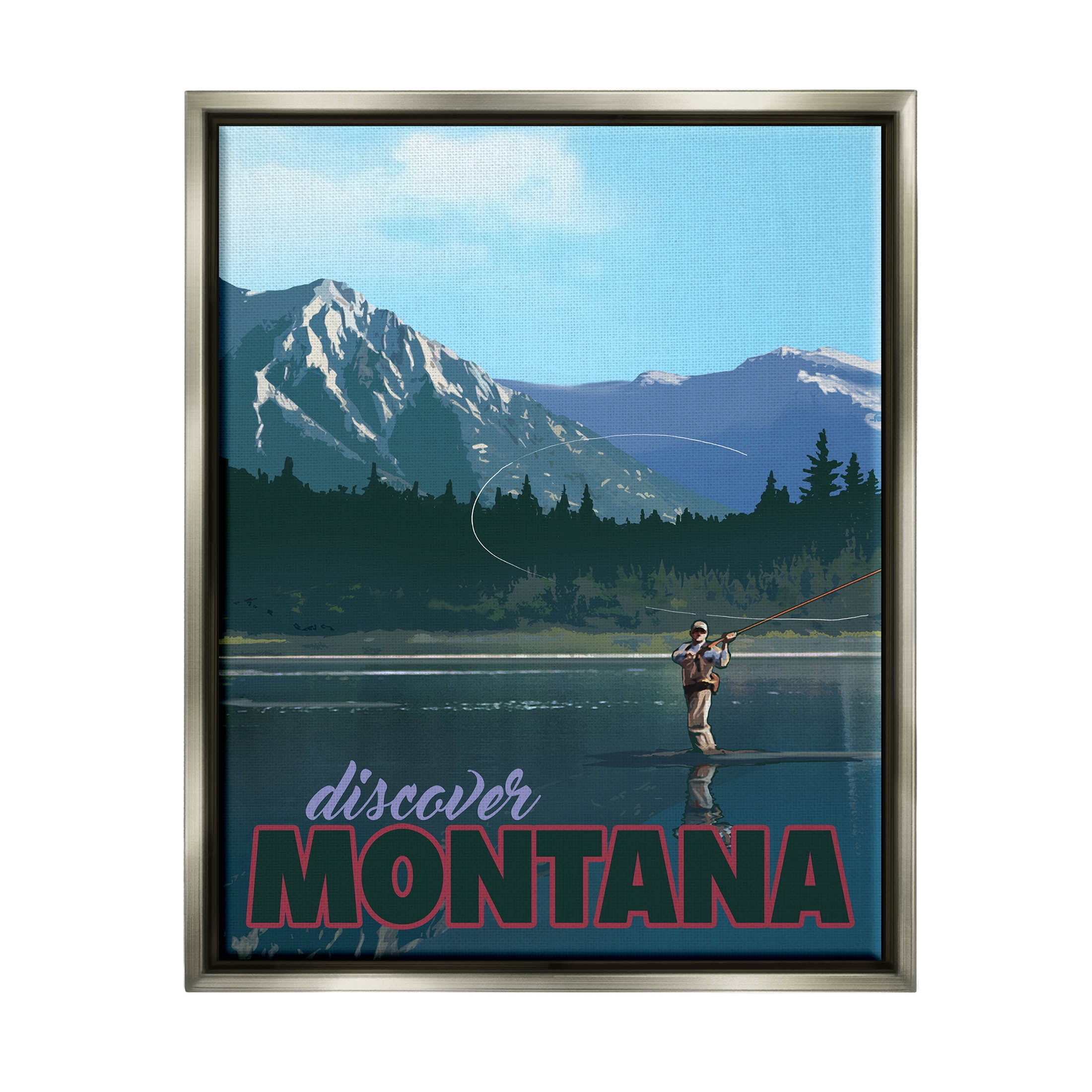 Discover Montana Lake Fishing Scene Landscape Graphic Art Luster Gray Framed Art Print Wall Art