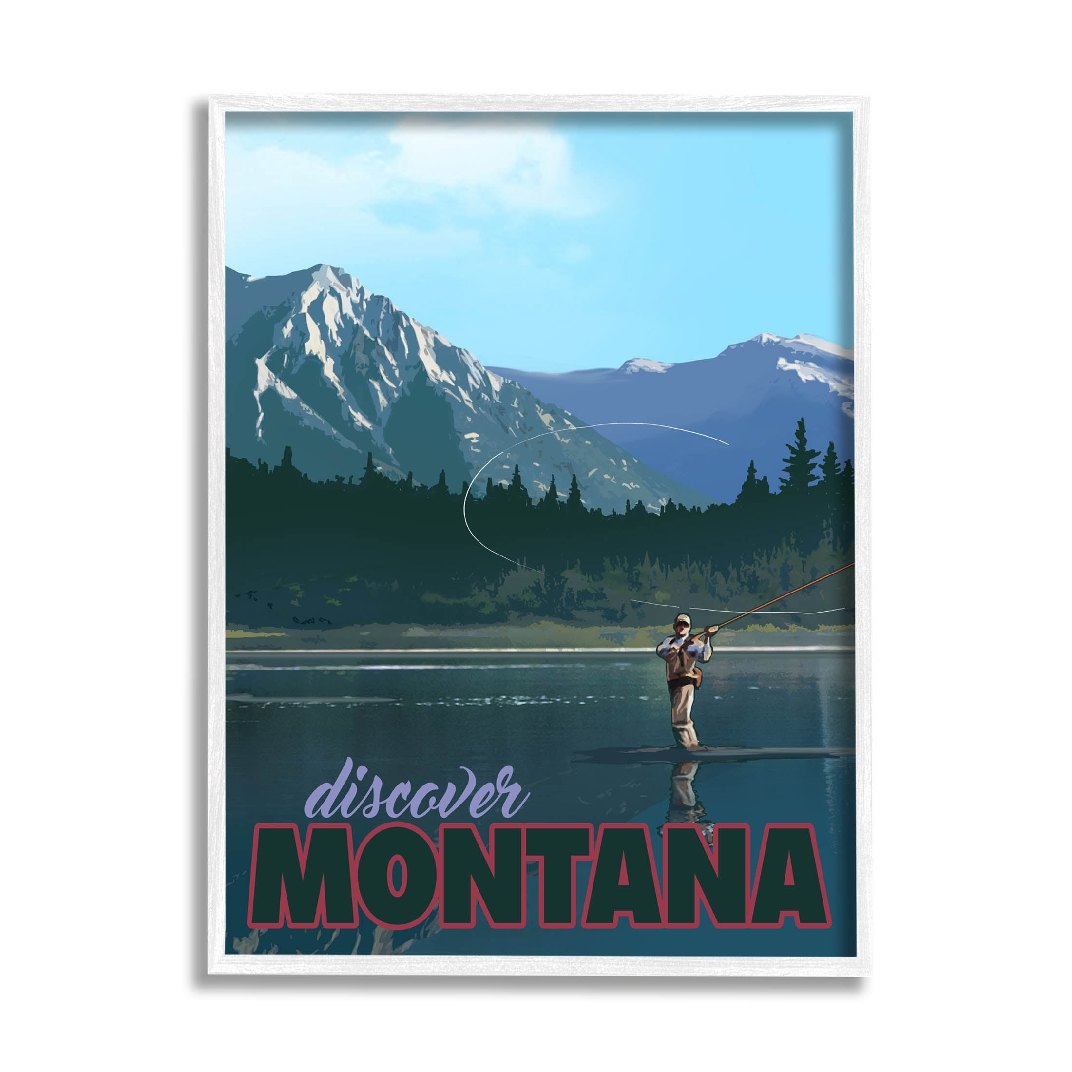 Discover Montana Lake Fishing Scene Landscape Graphic Art White Framed Art Print Wall Art