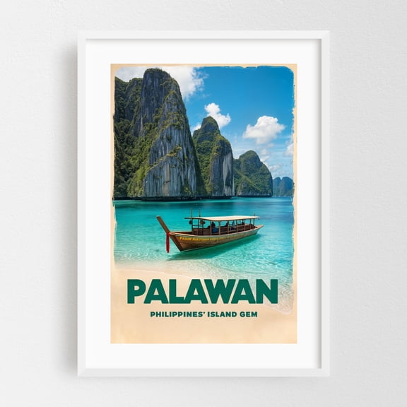 Discover Palawan: An Island Paradise Captured in Art - MIMAROPA Philippines Illustration Travel Poster Tropical Boat Seascape Nature Scenic White Framed Wall Art Print 5 x 7 inches