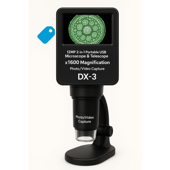 Discovery DX-3 2-in-1 USB Digital Microscope and Telescope, 12MP Camera, x1600 Magnification, Photo and Video Capture, 2.4" LCD Display, Rechargeable Battery, HDMI Output, Micro SD Card Support, Port