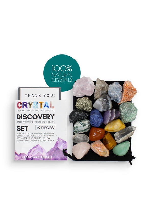 Discovery Healing Crystals Set, Beginner Crystal Kit, Tumbled Stones & Raw Crystals for Meditation, Hand-Picked Crystal Collection, With Black Velvet Pouch, 19 Pieces